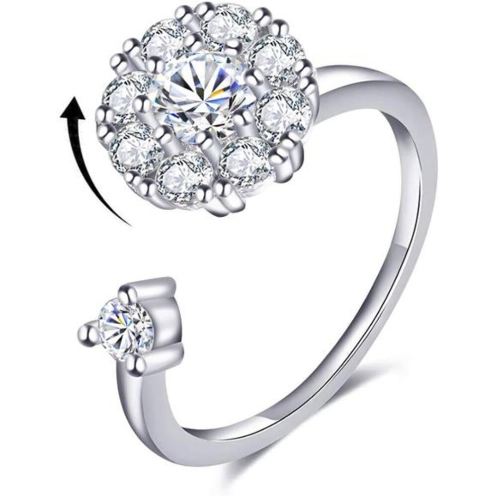 Womens Anxiety Ring 925 Sterling Silver Fidget Ring With Cubic Zircon Adjustable